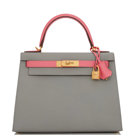 Hermès Special Order (HSS) Kelly Sellier 28 Gris Mouette and Rose Azalee Epsom Brushed Gold Hardware