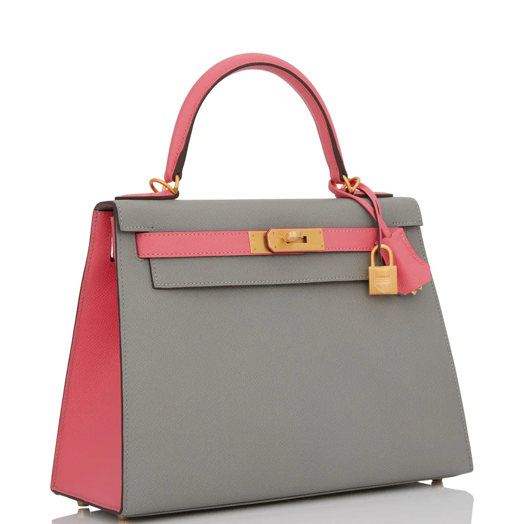 Hermès Special Order (HSS) Kelly Sellier 28 Gris Mouette and Rose Azalee Epsom Brushed Gold Hardware