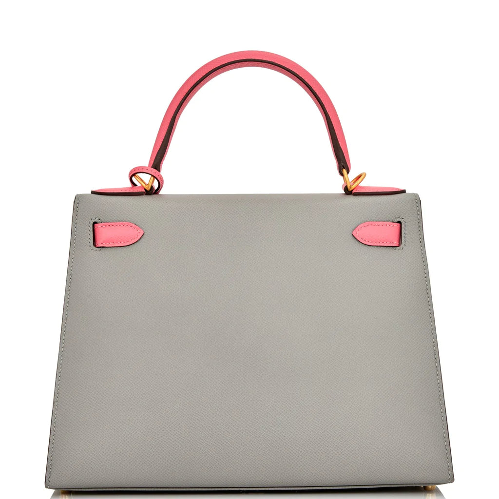 Hermès Special Order (HSS) Kelly Sellier 28 Gris Mouette and Rose Azalee Epsom Brushed Gold Hardware