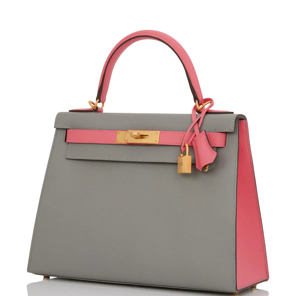 Hermès Special Order (HSS) Kelly Sellier 28 Gris Mouette and Rose Azalee Epsom Brushed Gold Hardware