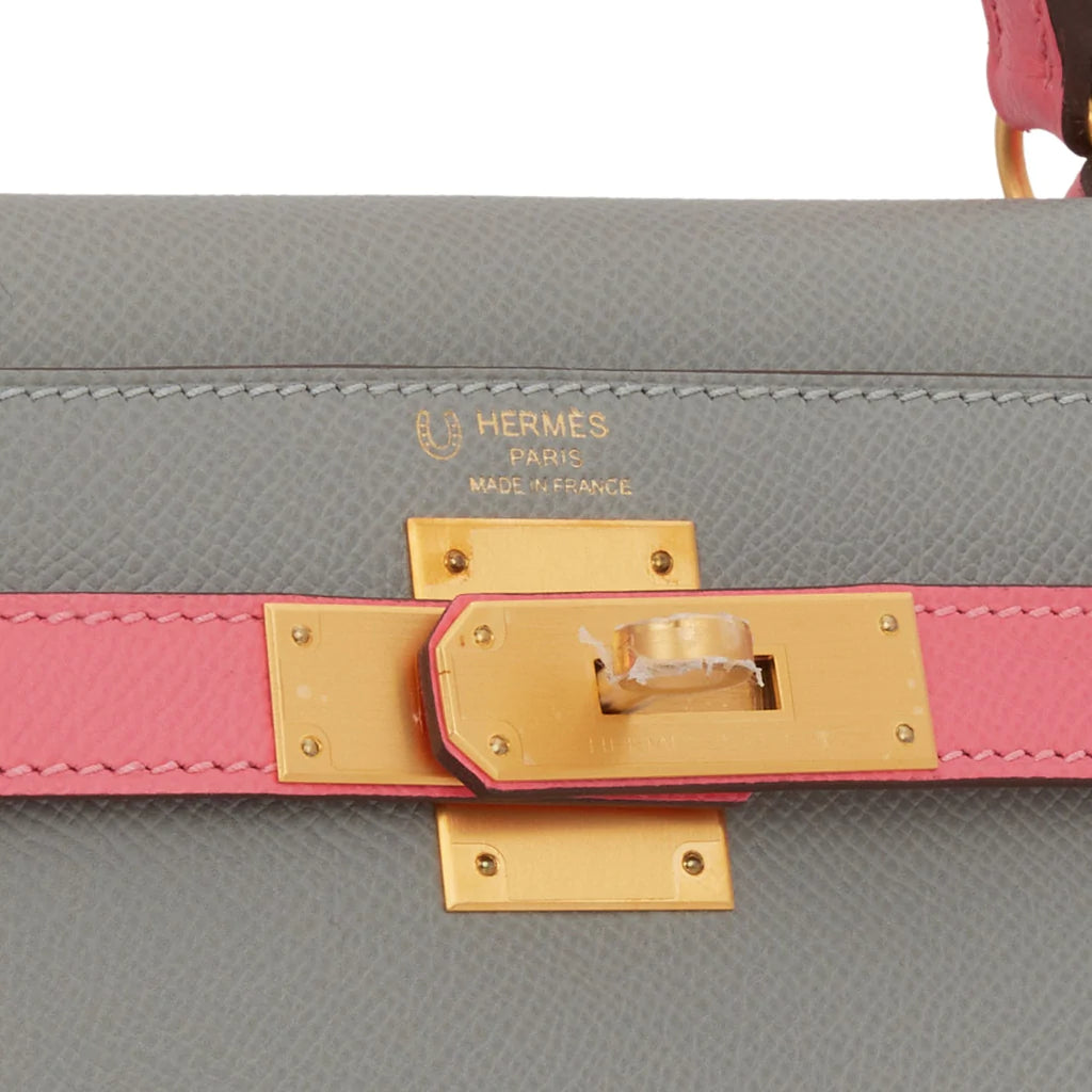 Hermès Special Order (HSS) Kelly Sellier 28 Gris Mouette and Rose Azalee Epsom Brushed Gold Hardware