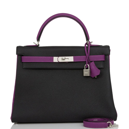 Hermès Special Order (HSS) Kelly Retourne 32 Black and Anemone Togo Brushed Palladium Hardware