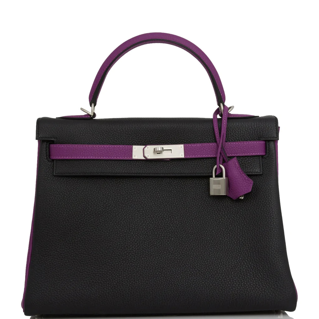 Hermès Special Order (HSS) Kelly Retourne 32 Black and Anemone Togo Brushed Palladium Hardware