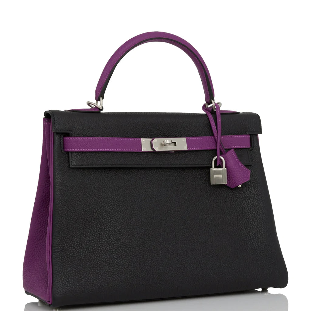 Hermès Special Order (HSS) Kelly Retourne 32 Black and Anemone Togo Brushed Palladium Hardware