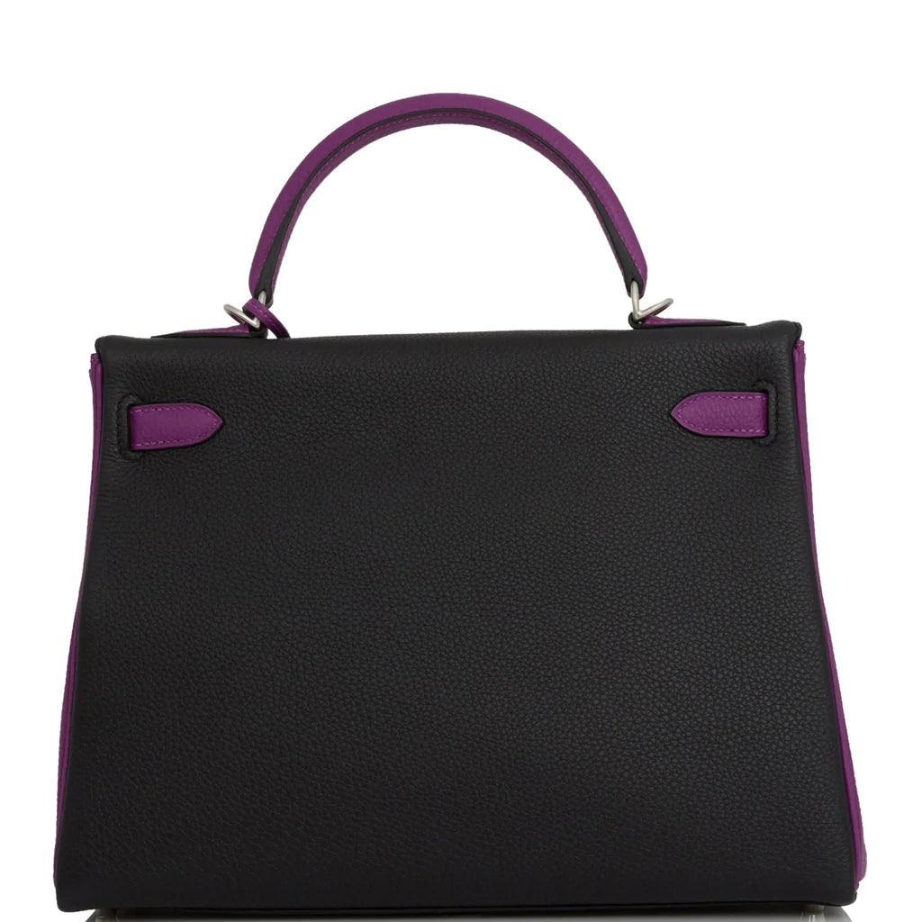 Hermès Special Order (HSS) Kelly Retourne 32 Black and Anemone Togo Brushed Palladium Hardware