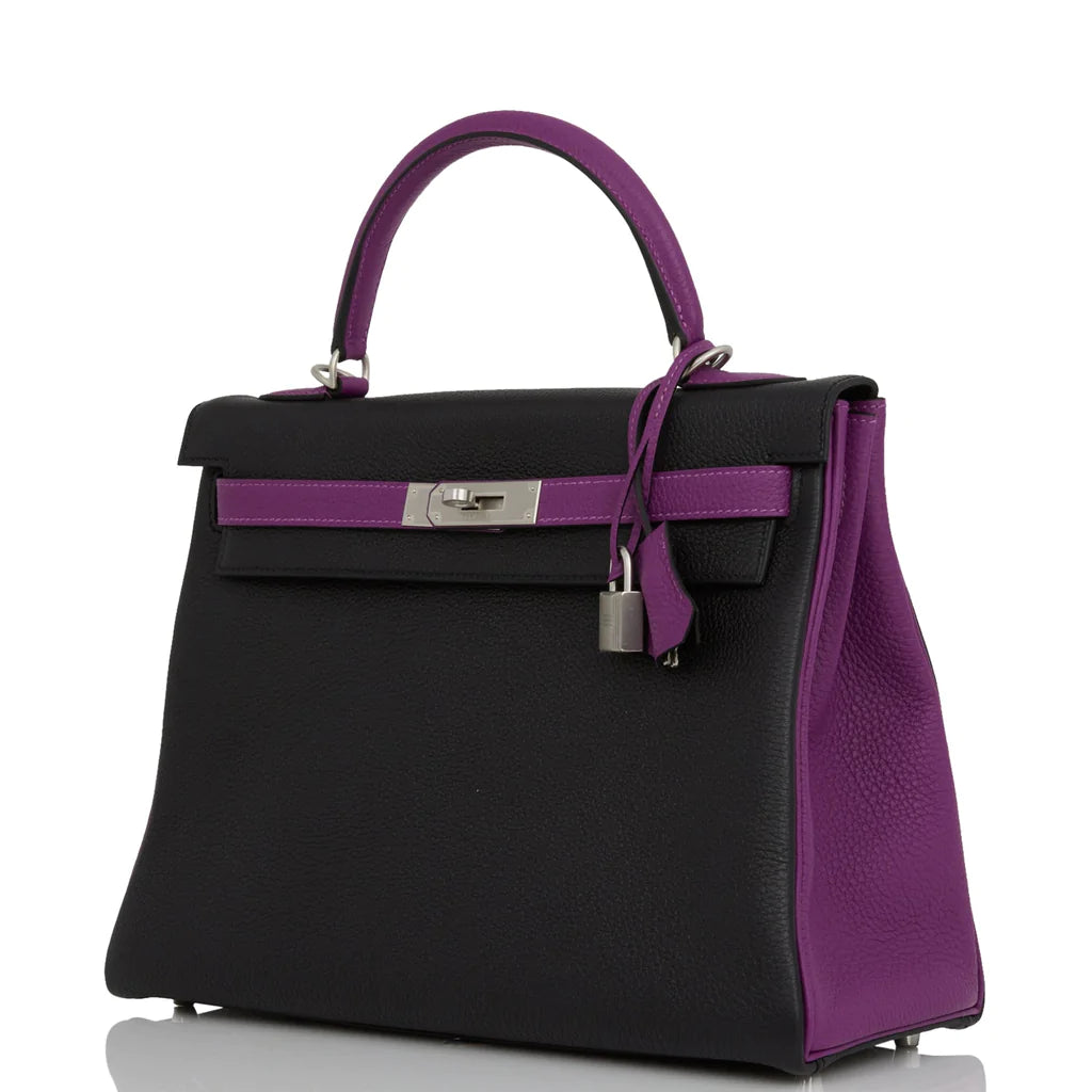 Hermès Special Order (HSS) Kelly Retourne 32 Black and Anemone Togo Brushed Palladium Hardware