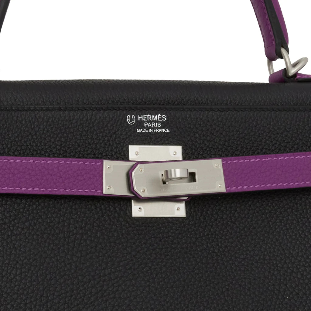 Hermès Special Order (HSS) Kelly Retourne 32 Black and Anemone Togo Brushed Palladium Hardware