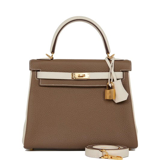 Hermès Special Order (HSS) Kelly Retourne 25 Etoupe and Craie Togo Gold Hardware