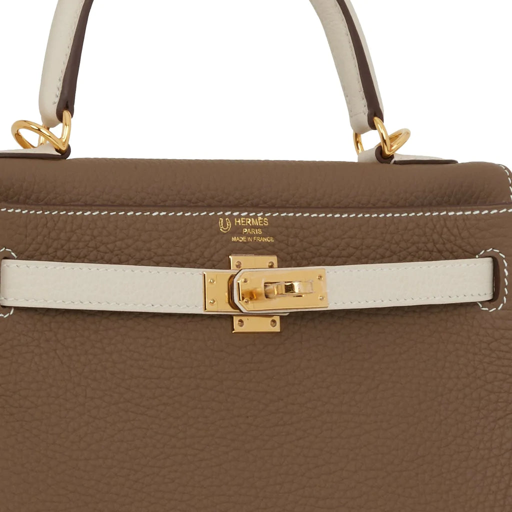 Hermès Special Order (HSS) Kelly Retourne 25 Etoupe and Craie Togo Gold Hardware