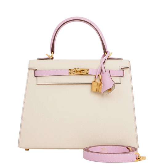 Hermès Special Order (HSS) Kelly Sellier 25 Craie and Mauve Sylvestre Epsom Gold Hardware