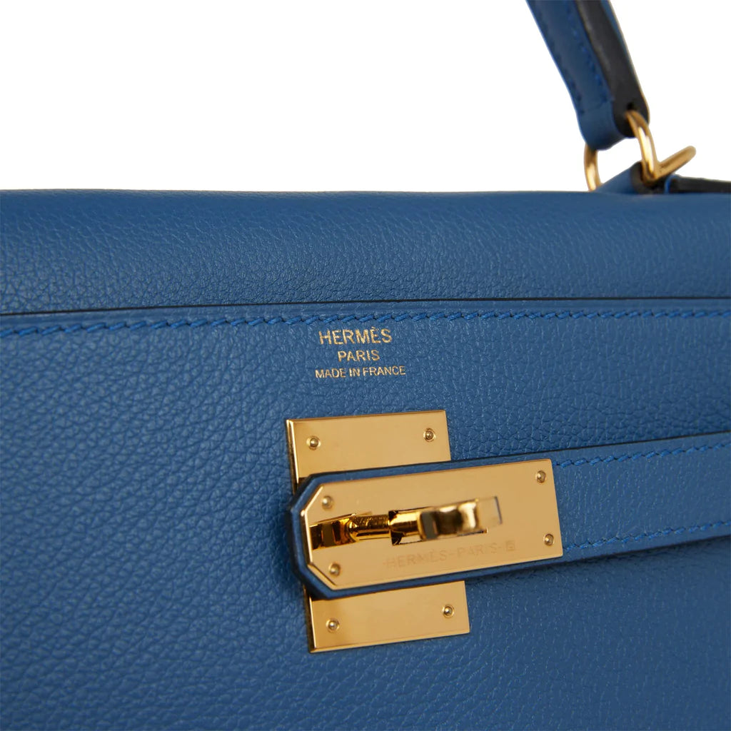 Hermès Kelly Retourne 28 Bleu Agate Evercolor Gold Hardware