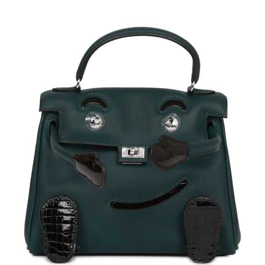 Hermès "Quelle Idolle" Kelly Doll Touch Vert Cypress Swift and Black Shiny Alligator Palladium Hardware