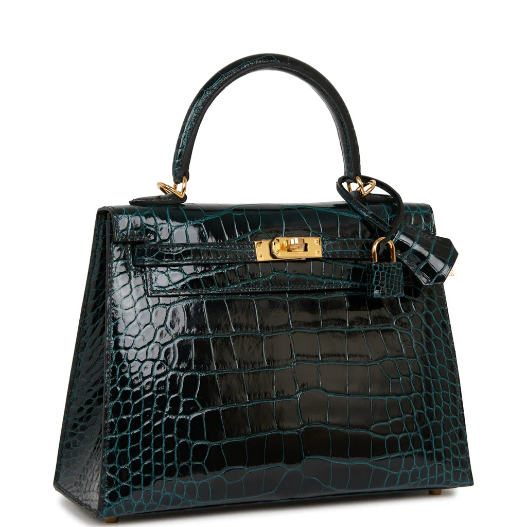 Hermès Kelly Sellier 25 Vert Rousseau Shiny Alligator Gold Hardware