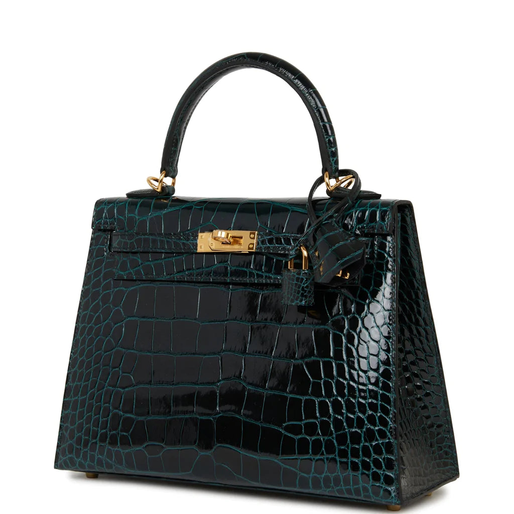 Hermès Kelly Sellier 25 Vert Rousseau Shiny Alligator Gold Hardware