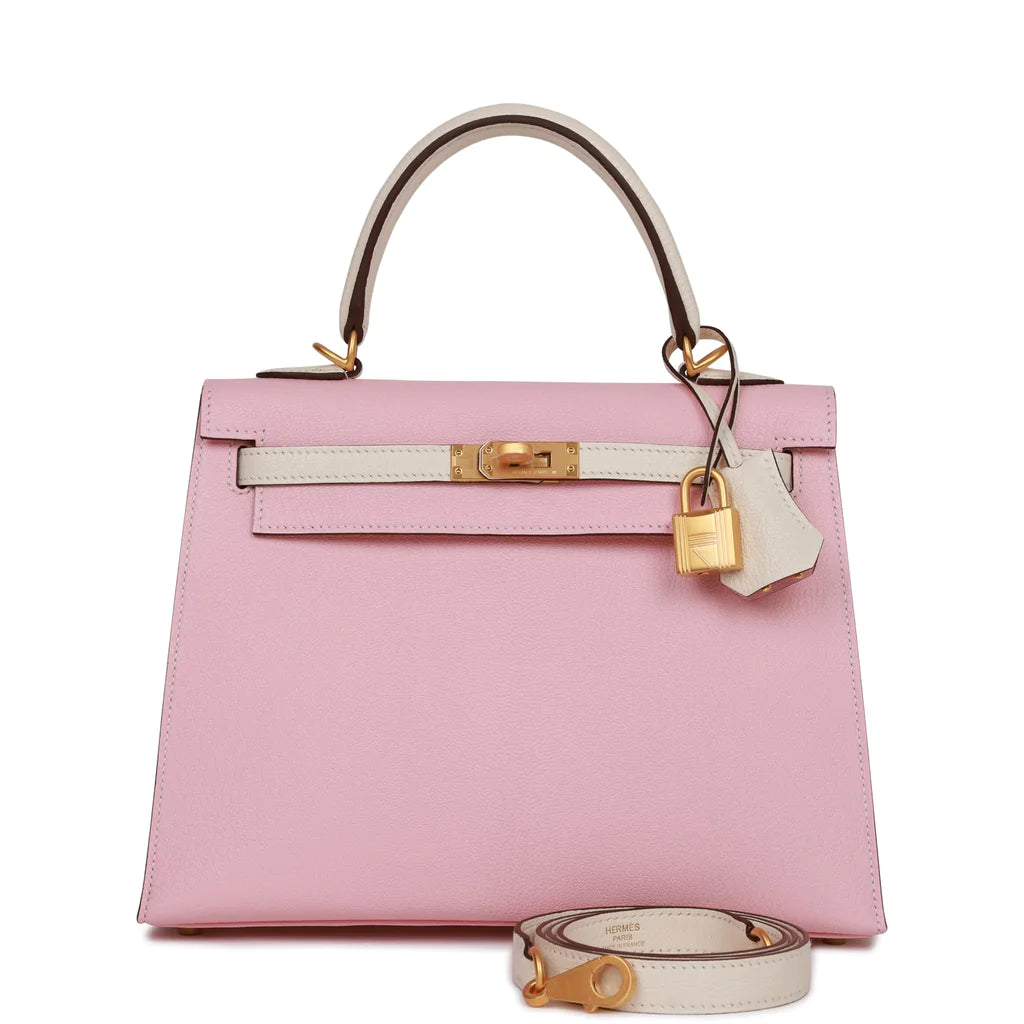 Hermès Special Order (HSS) Kelly Sellier 25 Rose Sakura and Nata Chevre Brushed Gold Hardware