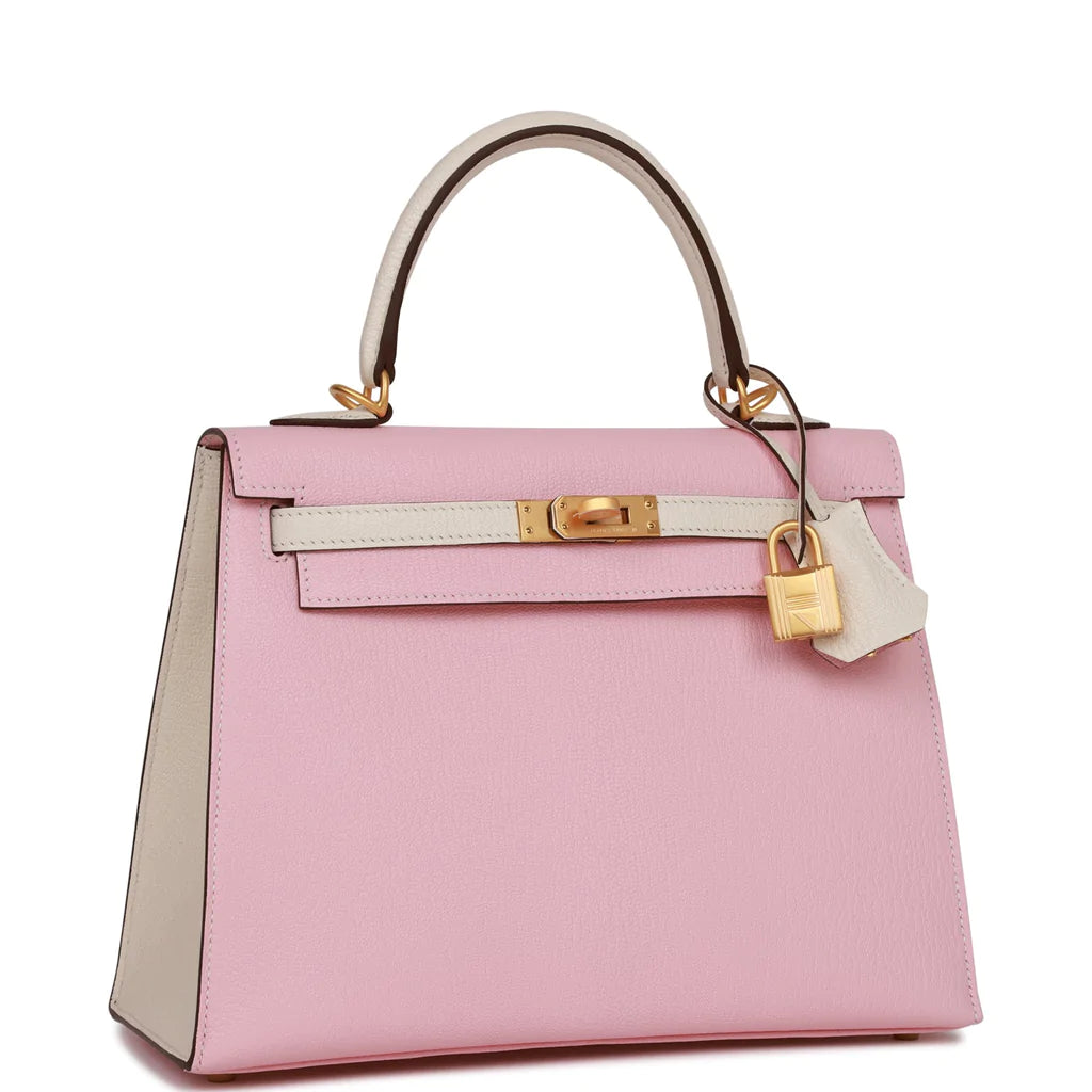 Hermès Special Order (HSS) Kelly Sellier 25 Rose Sakura and Nata Chevre Brushed Gold Hardware