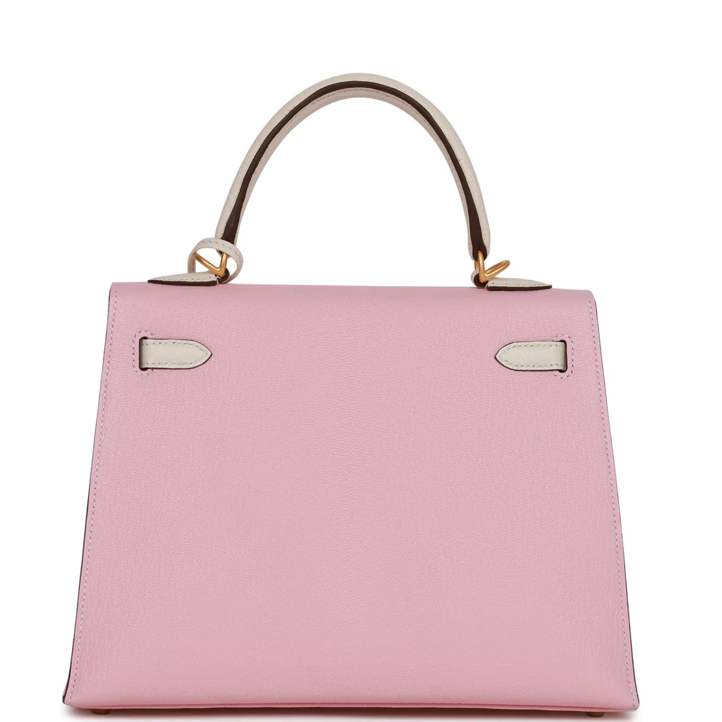 Hermès Special Order (HSS) Kelly Sellier 25 Rose Sakura and Nata Chevre Brushed Gold Hardware