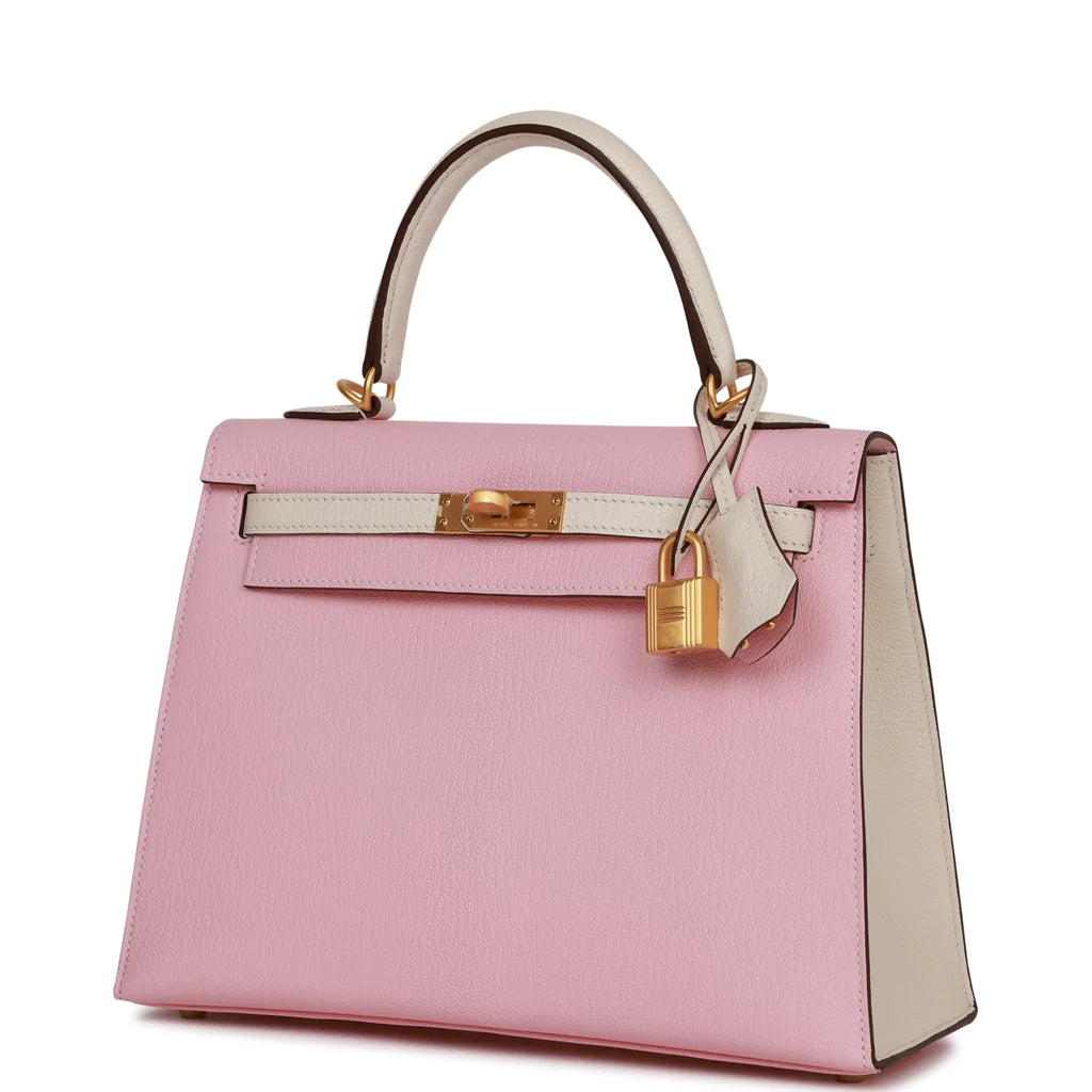 Hermès Special Order (HSS) Kelly Sellier 25 Rose Sakura and Nata Chevre Brushed Gold Hardware