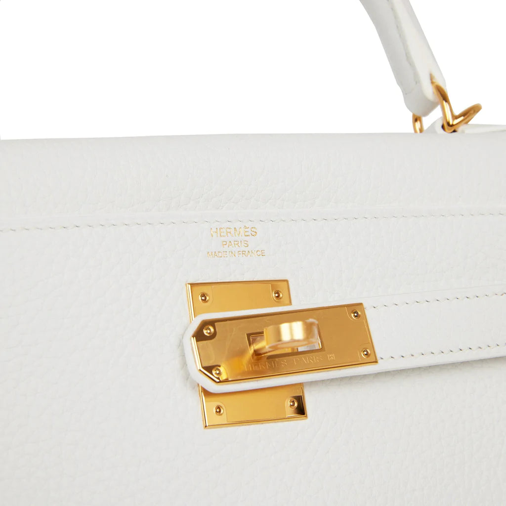 Hermès Kelly Retourne 28 White Clemence Gold Hardware