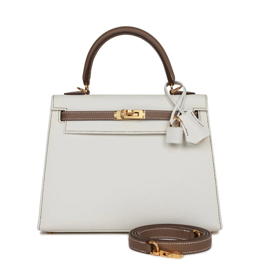 Hermès Special Order (HSS) Kelly Sellier 25 White and Etoupe Epsom Gold Hardware