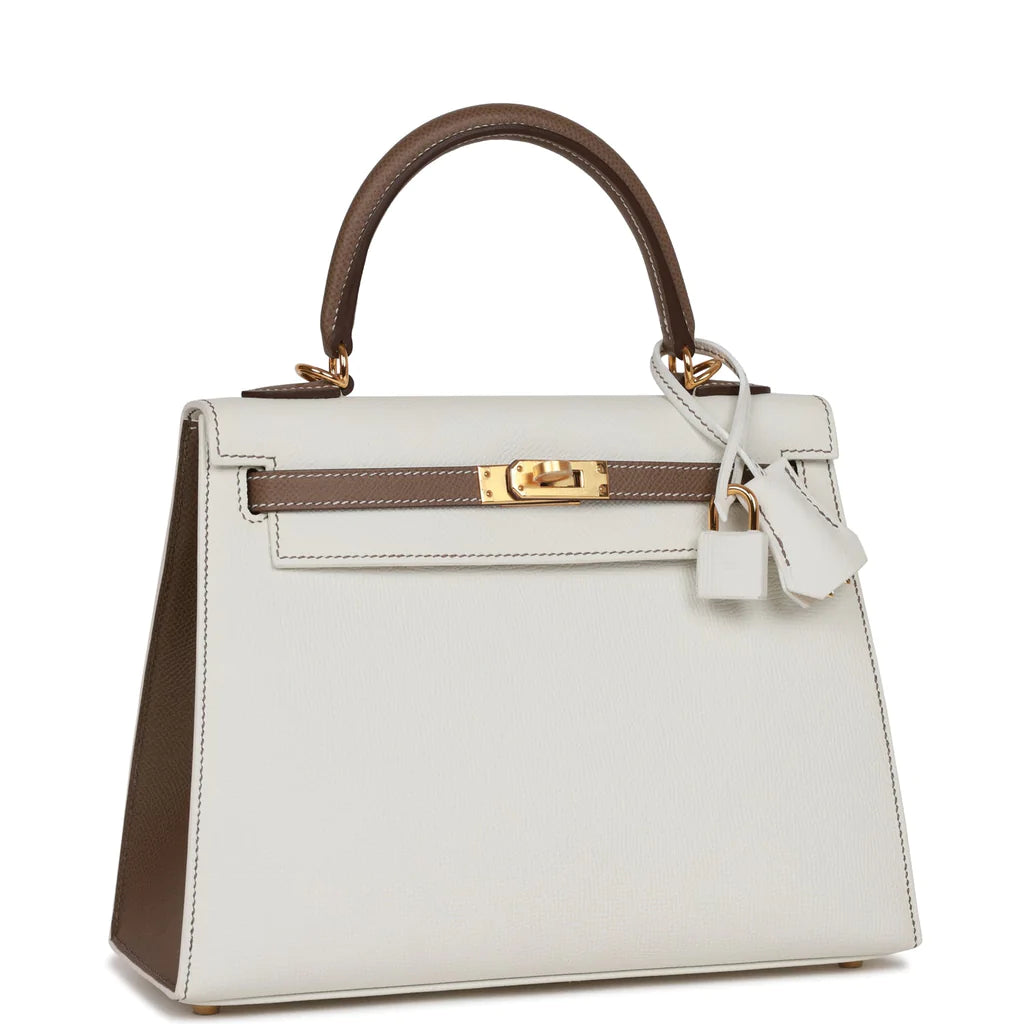 Hermès Special Order (HSS) Kelly Sellier 25 White and Etoupe Epsom Gold Hardware