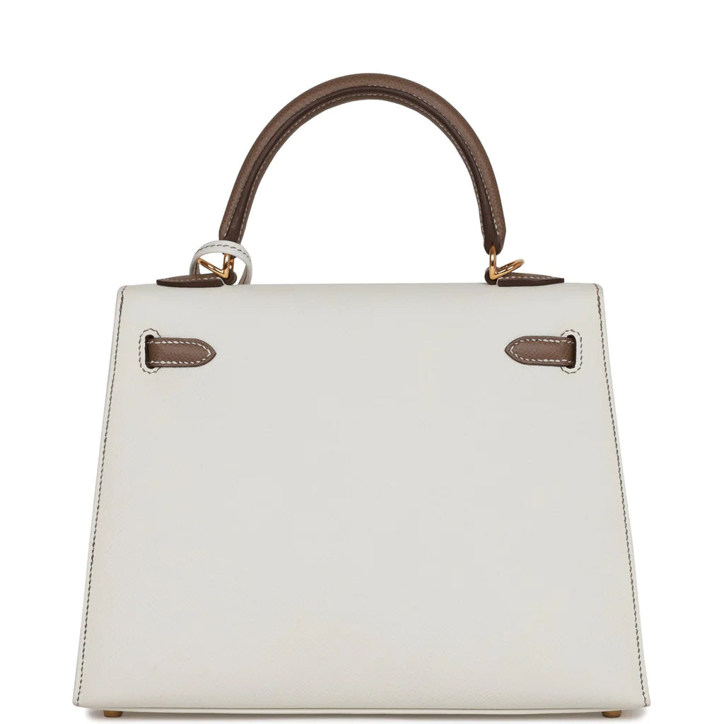 Hermès Special Order (HSS) Kelly Sellier 25 White and Etoupe Epsom Gold Hardware