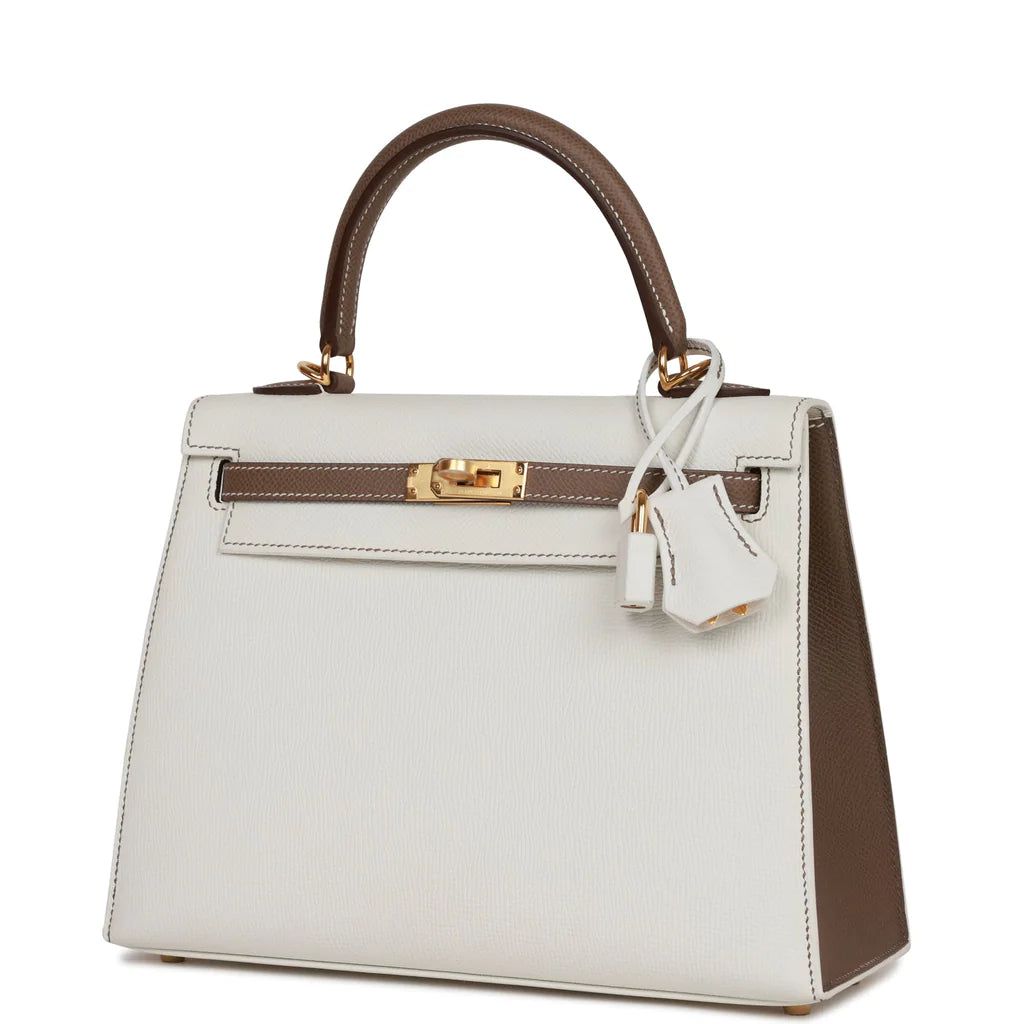 Hermès Special Order (HSS) Kelly Sellier 25 White and Etoupe Epsom Gold Hardware