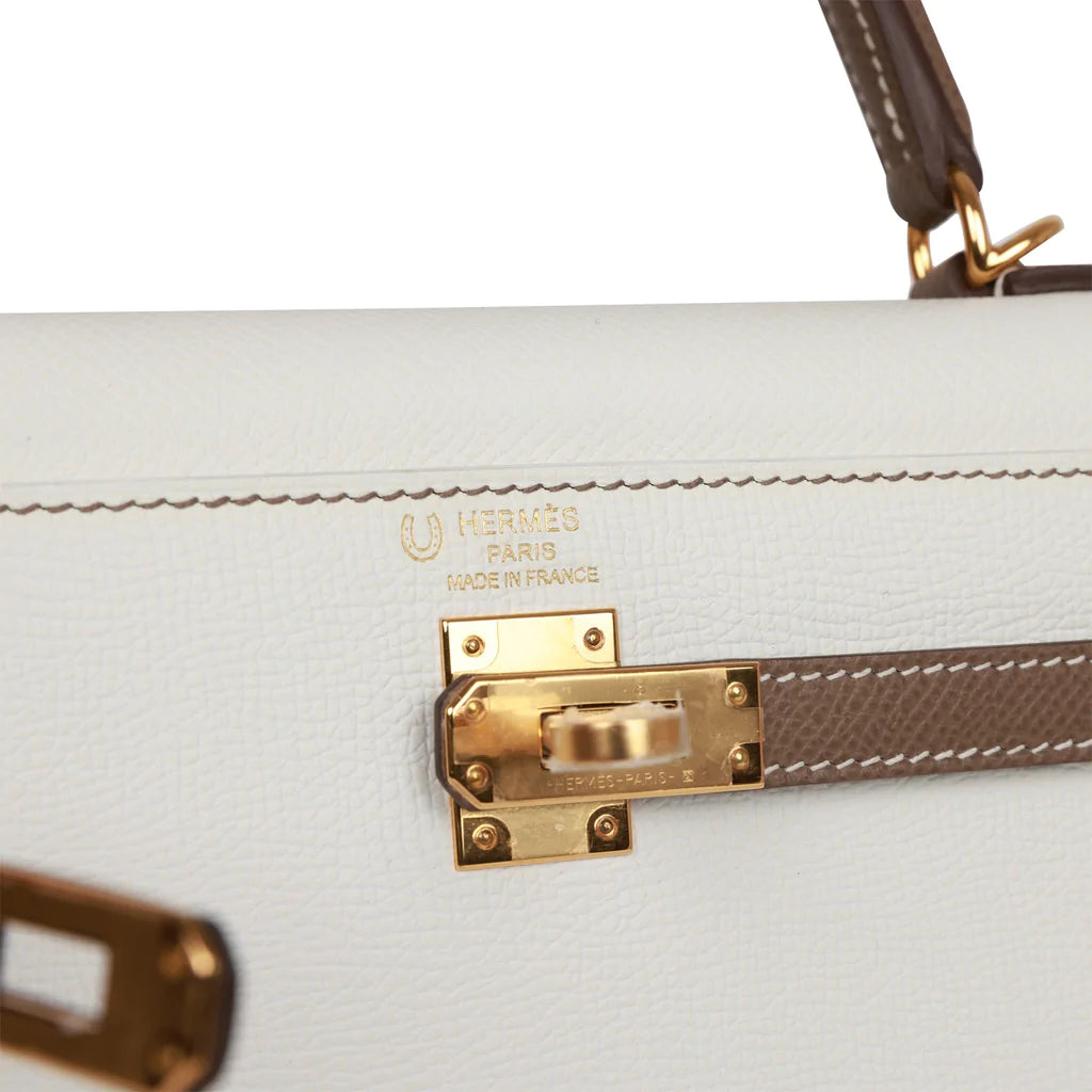 Hermès Special Order (HSS) Kelly Sellier 25 White and Etoupe Epsom Gold Hardware