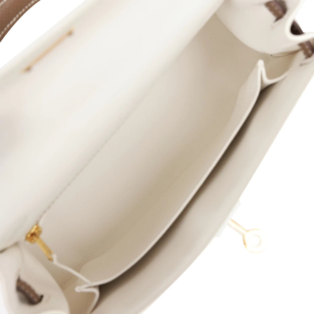 Hermès Special Order (HSS) Kelly Sellier 25 White and Etoupe Epsom Gold Hardware