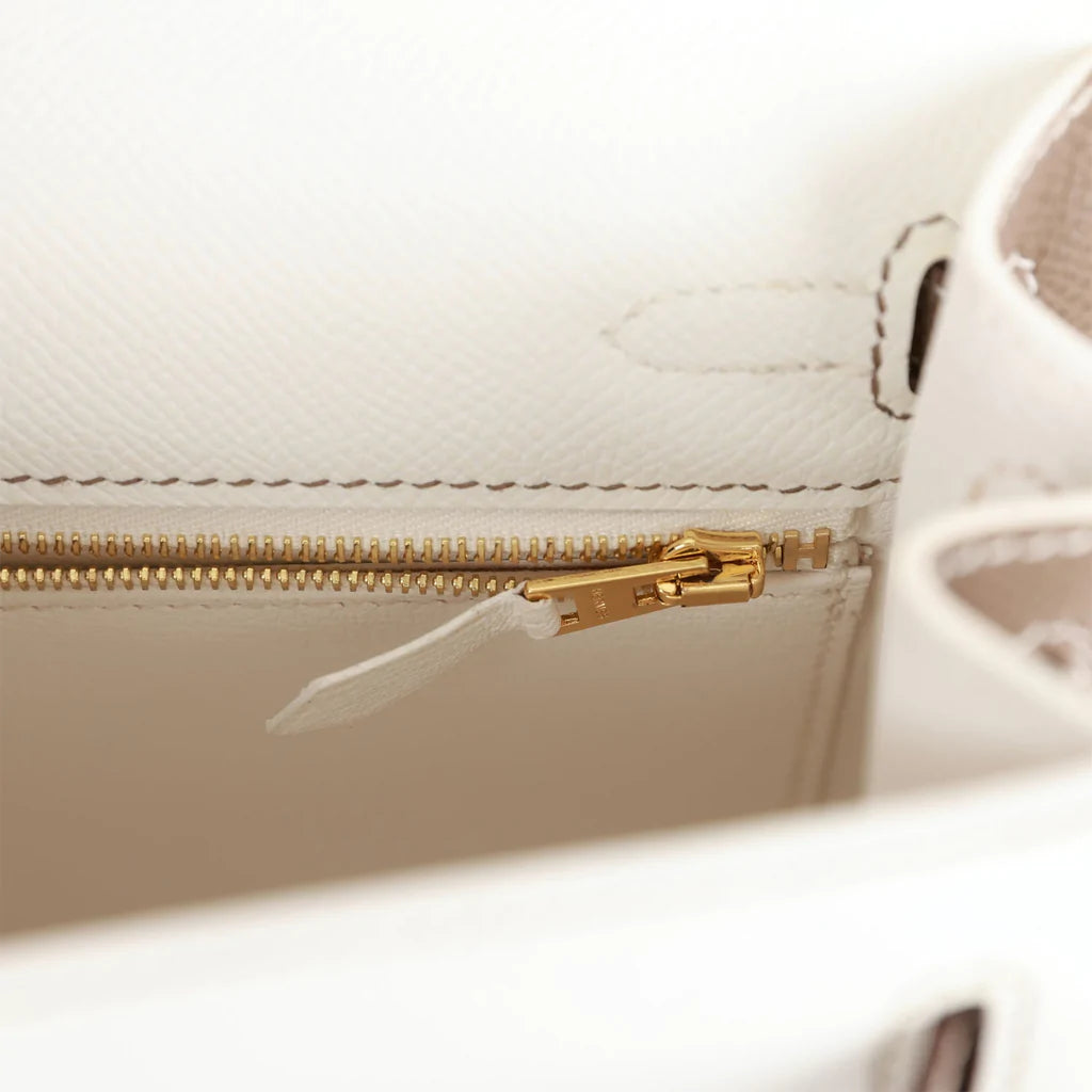 Hermès Special Order (HSS) Kelly Sellier 25 White and Etoupe Epsom Gold Hardware