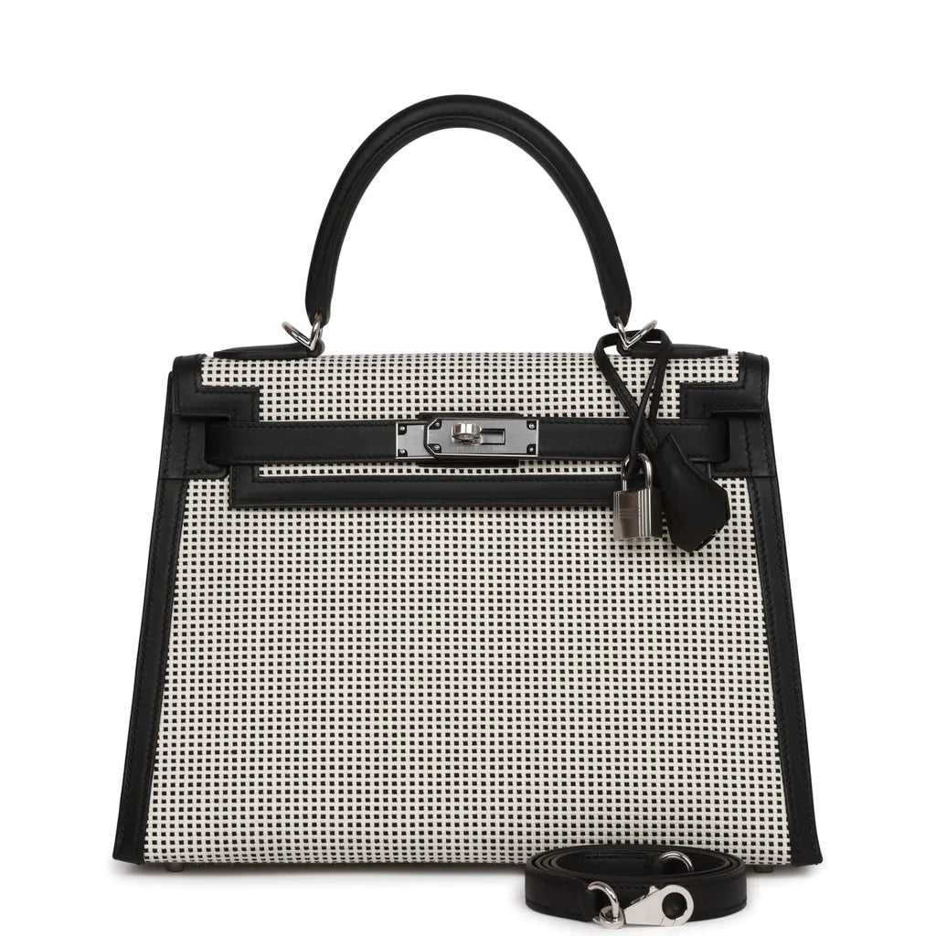 Hermès Quadrille Kelly Sellier 28 Black Toile and Swift Palladium Hardware