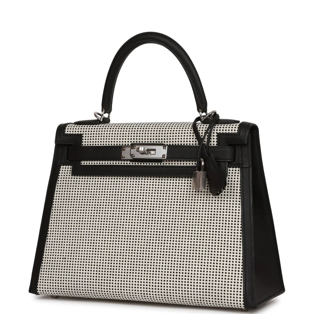 Hermès Quadrille Kelly Sellier 28 Black Toile and Swift Palladium Hardware