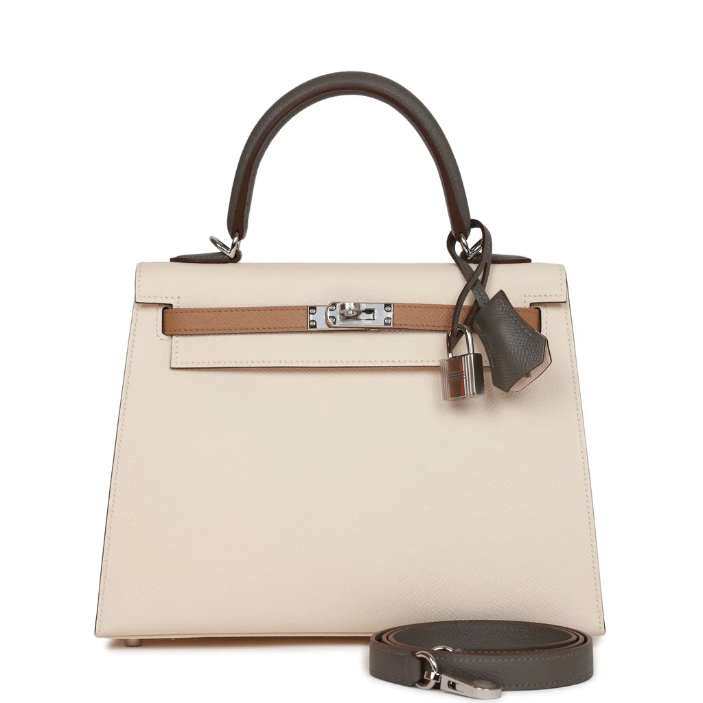 Hermès Kelly Sellier 25 Tri-Color Nata, Chai and Gris Meyer Epsom Palladium Hardware