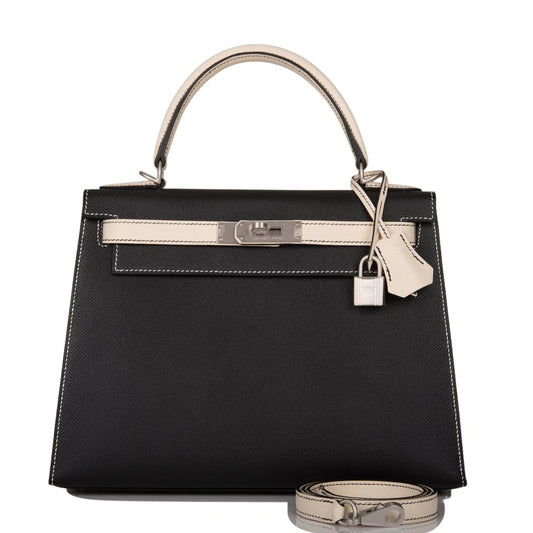 Hermès Special Order (HSS) Kelly Sellier 28 Black and Craie Epsom Brushed Palladium Hardware