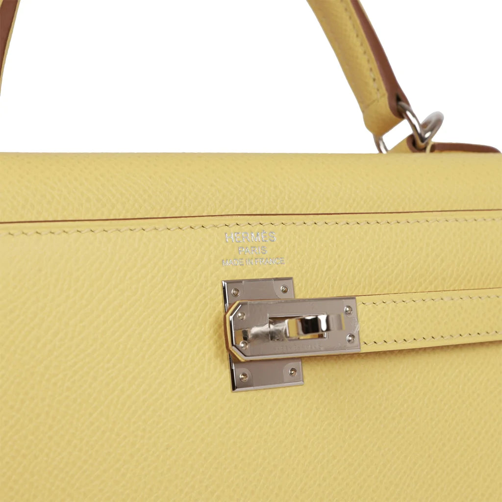 Hermès Kelly Sellier 25 Jaune Poussin Epsom Palladium Hardware