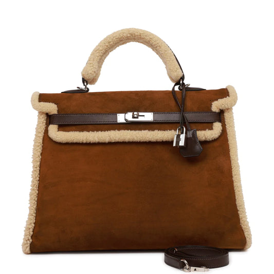 Hermès Teddy Kelly 35 Shearling and Ebene Barenia Palladium Hardware