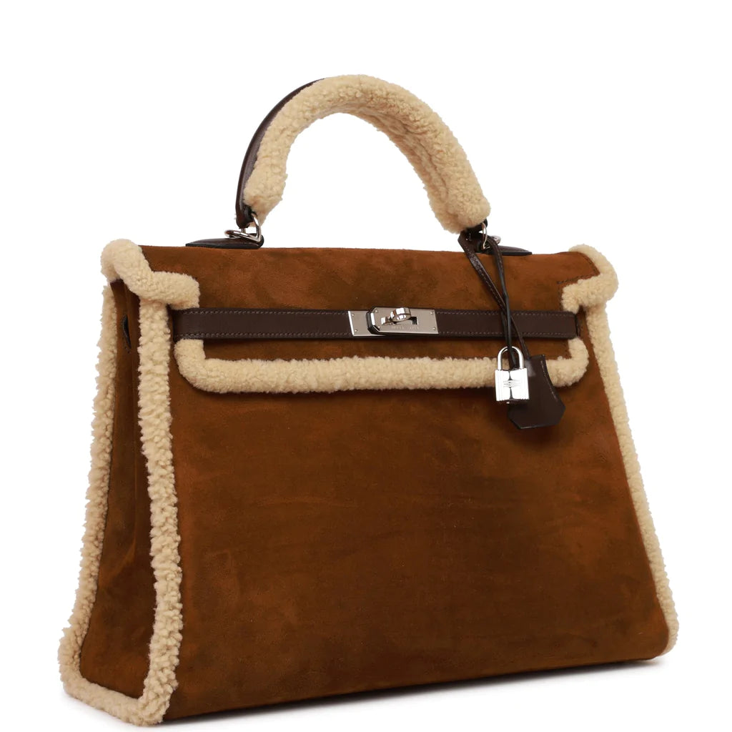 Hermès Teddy Kelly 35 Shearling and Ebene Barenia Palladium Hardware