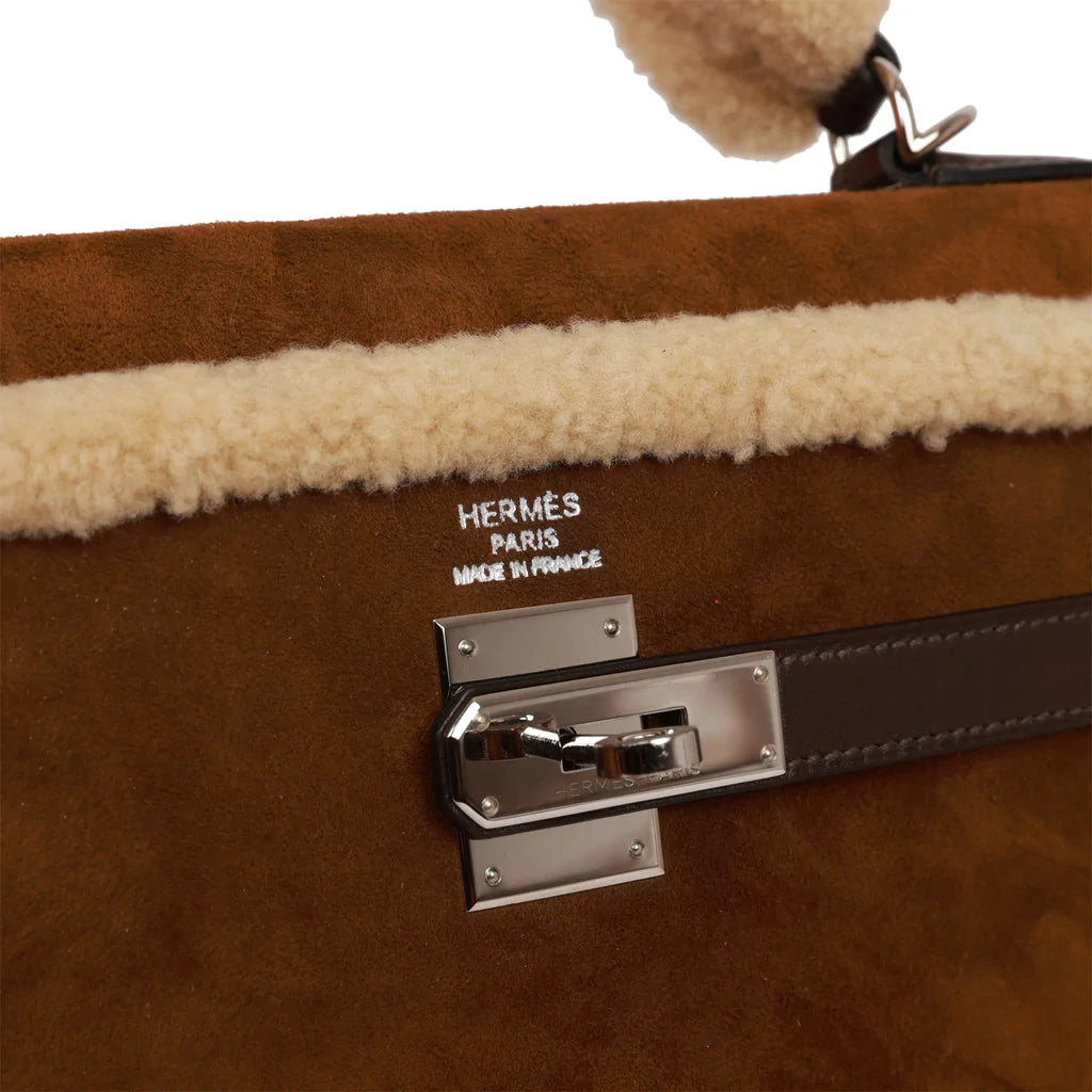 Hermès Teddy Kelly 35 Shearling and Ebene Barenia Palladium Hardware