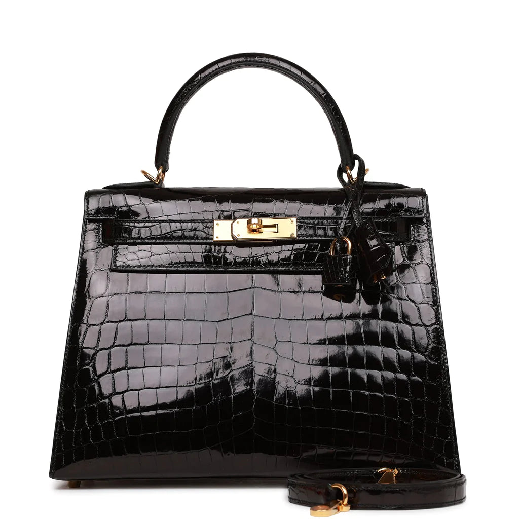 Hermès Kelly Sellier 28 Black Shiny Niloticus Crocodile Gold Hardware