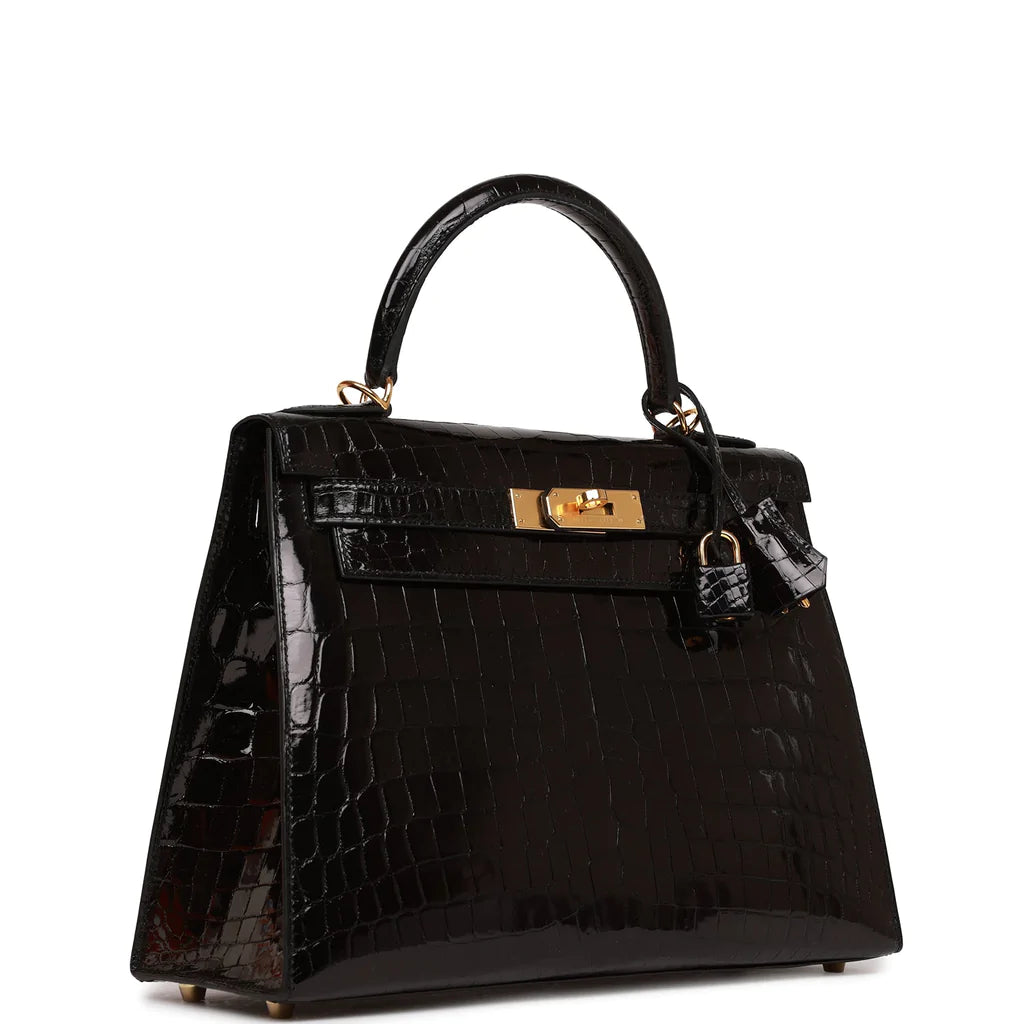 Hermès Kelly Sellier 28 Black Shiny Niloticus Crocodile Gold Hardware