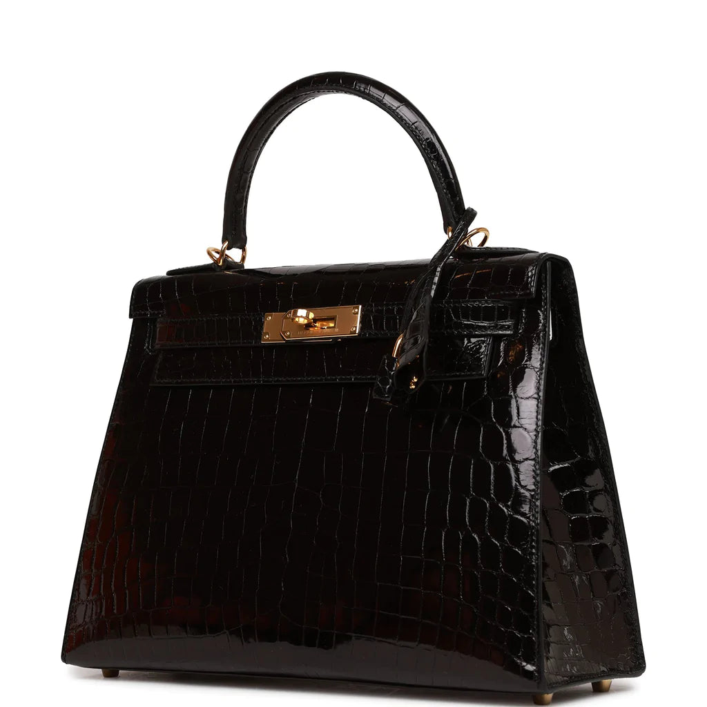 Hermès Kelly Sellier 28 Black Shiny Niloticus Crocodile Gold Hardware