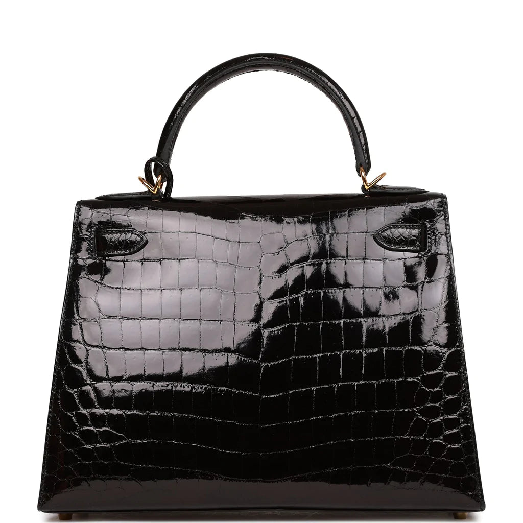 Hermès Kelly Sellier 28 Black Shiny Niloticus Crocodile Gold Hardware