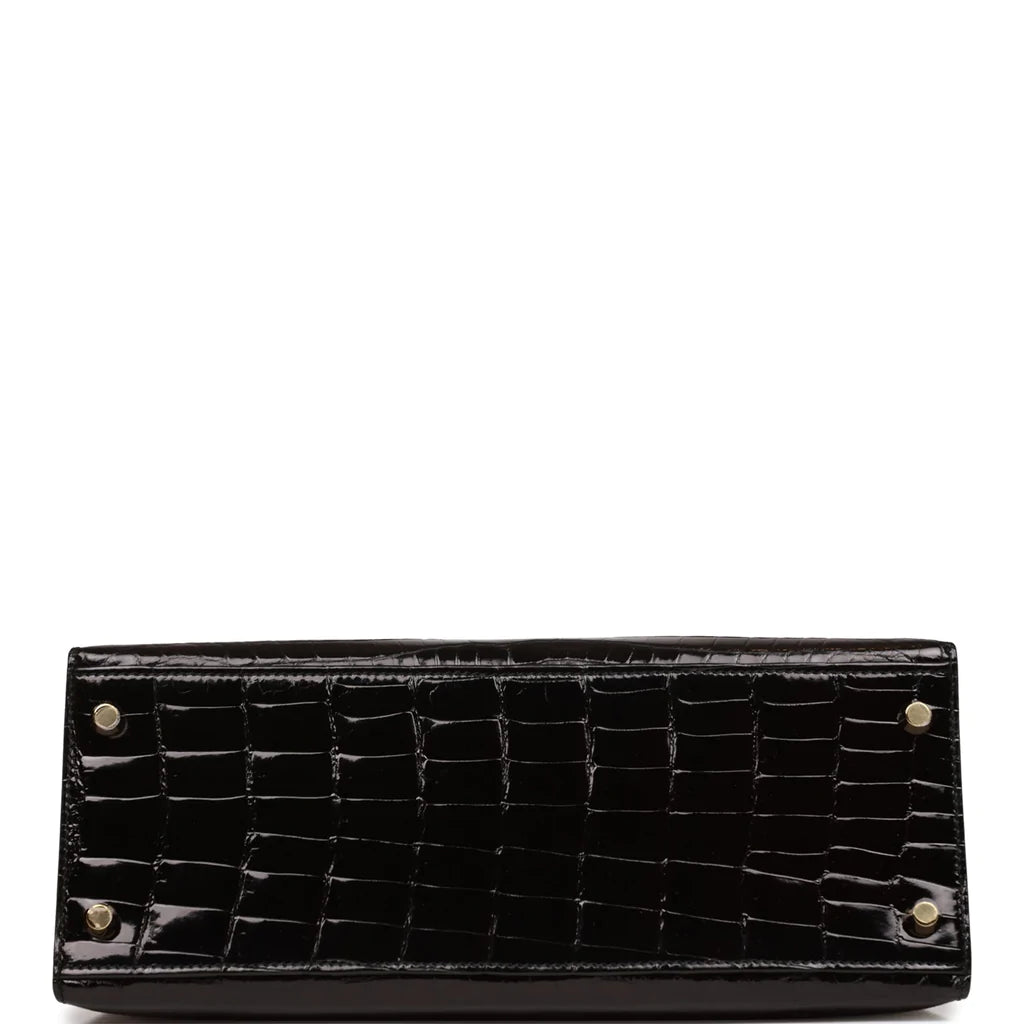 Hermès Kelly Sellier 28 Black Shiny Niloticus Crocodile Gold Hardware