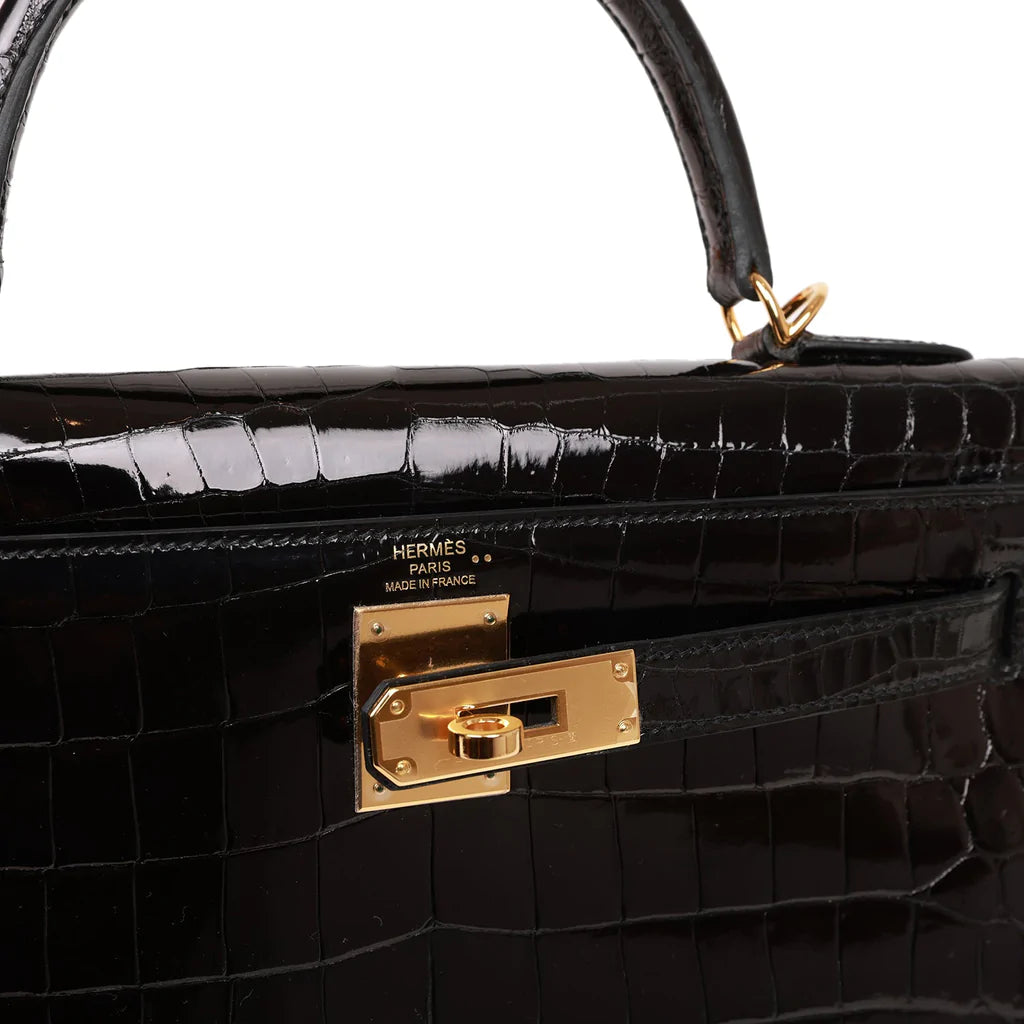 Hermès Kelly Sellier 28 Black Shiny Niloticus Crocodile Gold Hardware