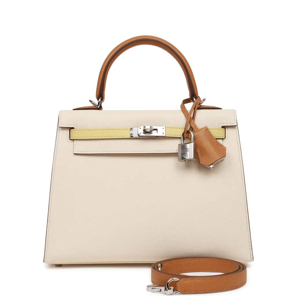 Hermès Kelly Sellier 25 Tri-Color Nata, Jaune Poussin and Sesame Epsom Palladium Hardware