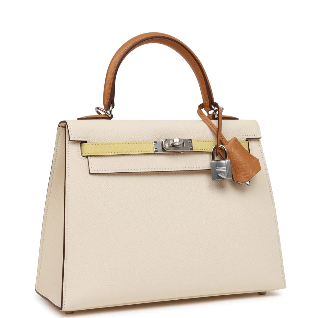 Hermès Kelly Sellier 25 Tri-Color Nata, Jaune Poussin and Sesame Epsom Palladium Hardware