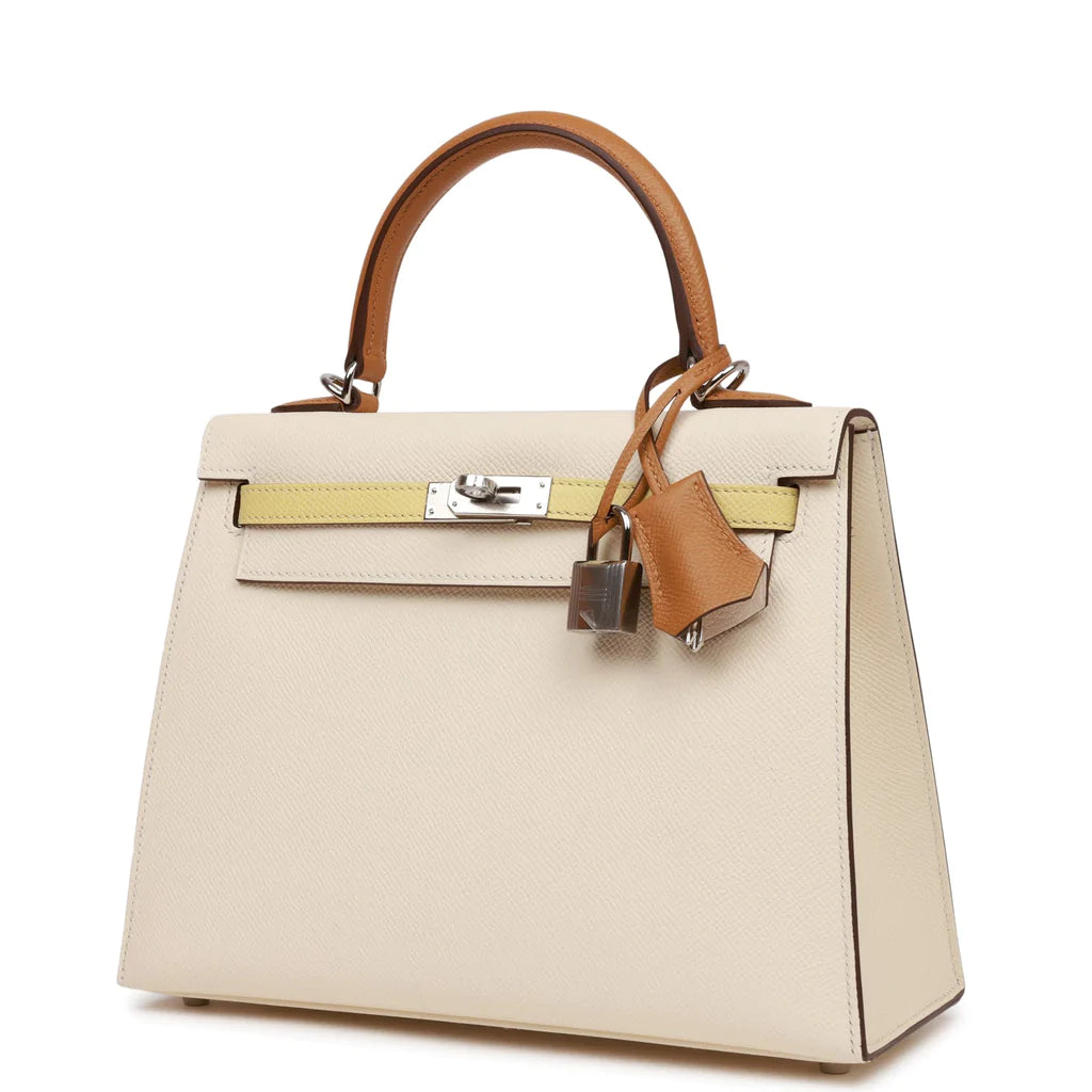 Hermès Kelly Sellier 25 Tri-Color Nata, Jaune Poussin and Sesame Epsom Palladium Hardware