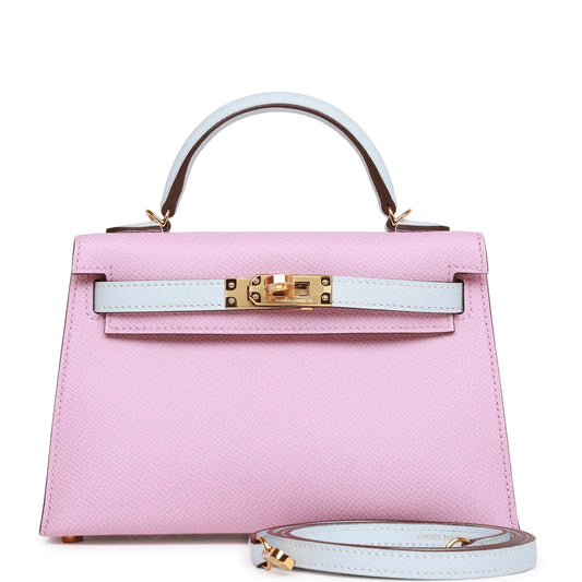 Hermès Special Order (HSS) Kelly Sellier 20 Mauve Sylvestre and Bleu Brume Epsom Gold Hardware