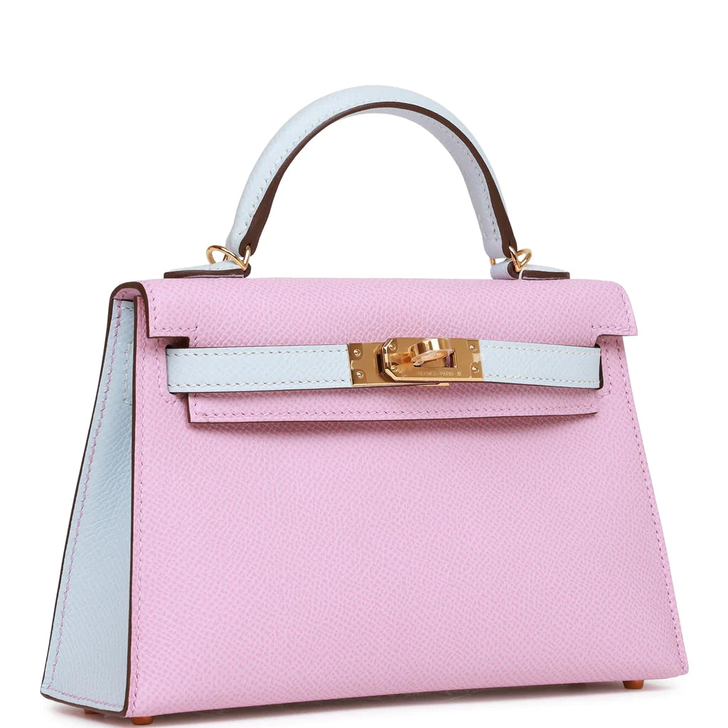 Hermès Special Order (HSS) Kelly Sellier 20 Mauve Sylvestre and Bleu Brume Epsom Gold Hardware