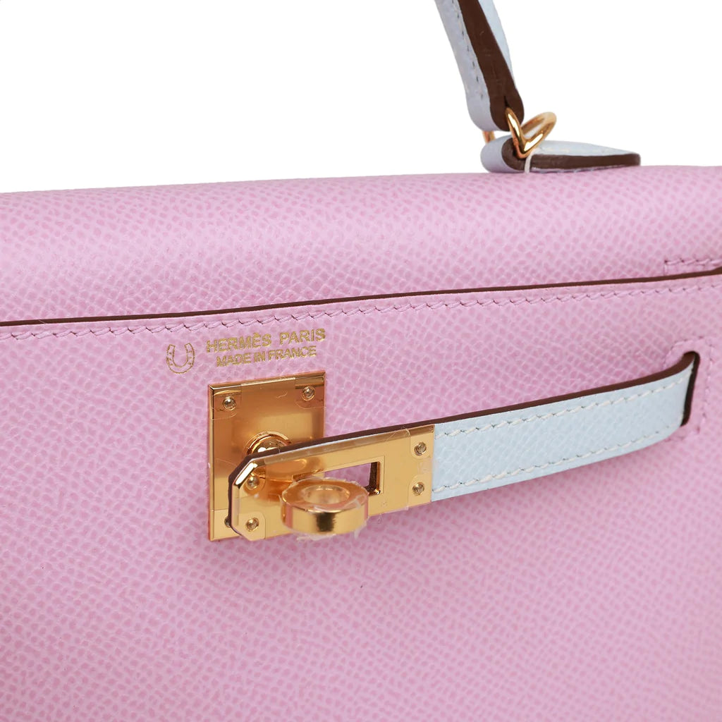 Hermès Special Order (HSS) Kelly Sellier 20 Mauve Sylvestre and Bleu Brume Epsom Gold Hardware